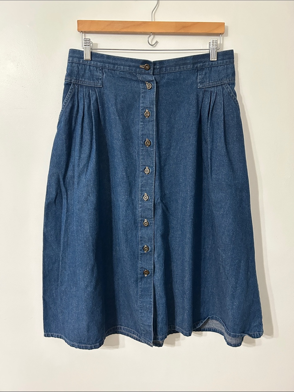 Vintage Koret Denim Midi Skirt Cottagecore Elastic Waist Pleated Prairie Button